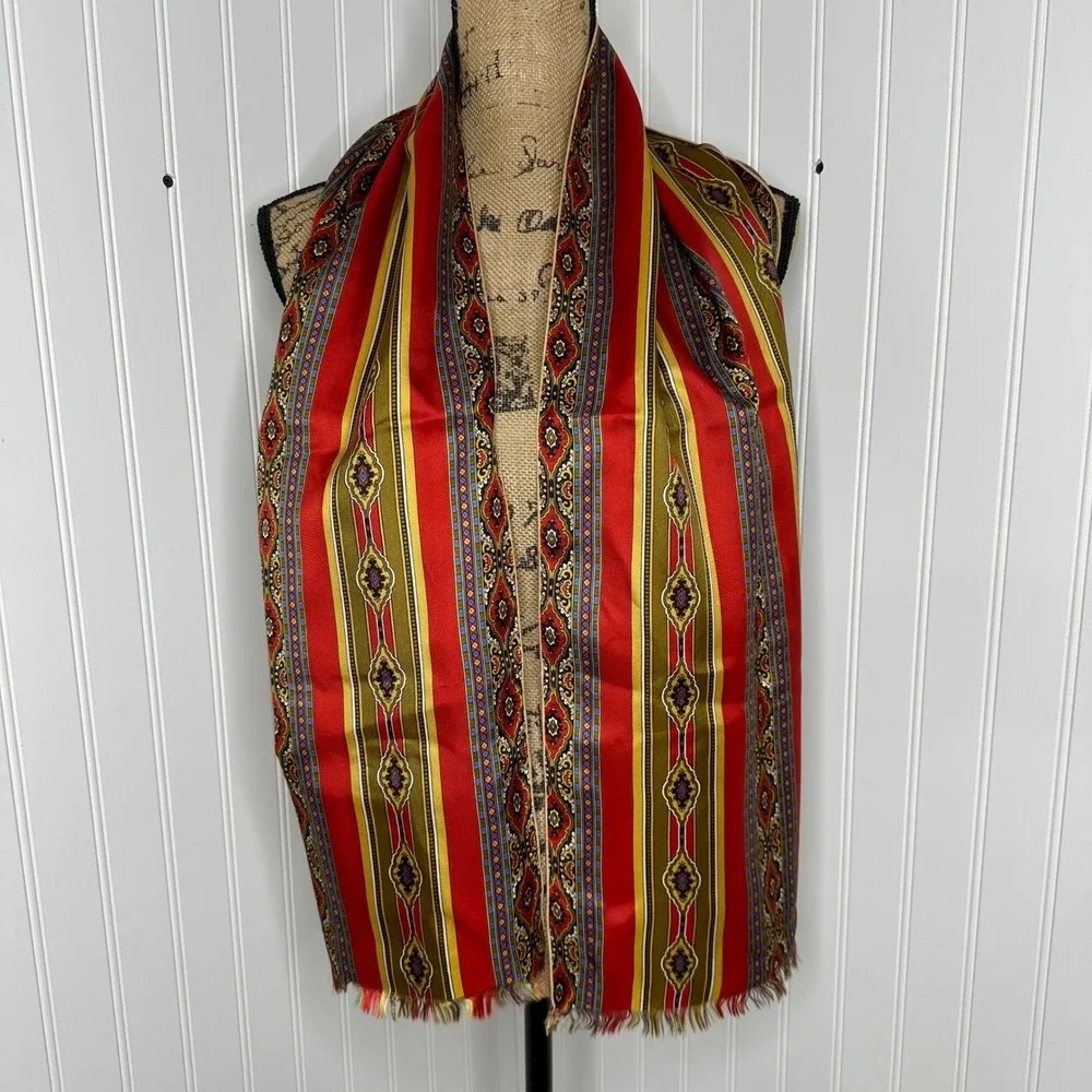 Red‎ Gold Fringed Rectangular Scarf Medallion Striped Silky Wrap 14x60